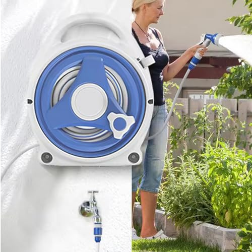 Carrete de manguera de jardín de 15 m con pistola de boquilla de pulverización ajustable 8 en 1, manguera de jardín con conector de manguera, carrete de tubería de agua portátil, equipo de riego para