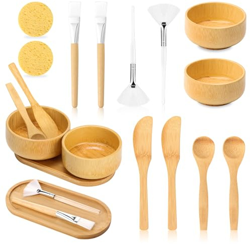 Lot de 14 fournitures d'esthéticienne en bambou, 2 bols à mélanger pour masque facial, 2 brosses éventail, 2 brosses plates pour le visage, 2 spatules à masque, 2 cuillères à crème pour le visage, 2