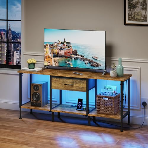 OYRREU Mueble de TV 140cm con LED, Enchufe y Estantes, Marrón Rústico
