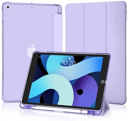 4UBonLife Hülle für iPad 9./8./7. Generation 10,2 Zoll 2021/2020/2019 | Schutzhülle mit Stifthalter, Ultradünne Ständer Smart Case mit Hart PC Transluzent Rückseite Schale Cover, Helles Lila