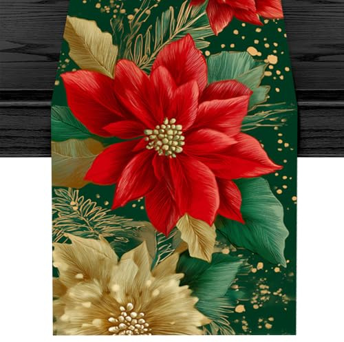 Weihnachts-Tischläufer, Weihnachtssternblumen, Rot und Gold, 180 x 40 cm, klassischer Stil