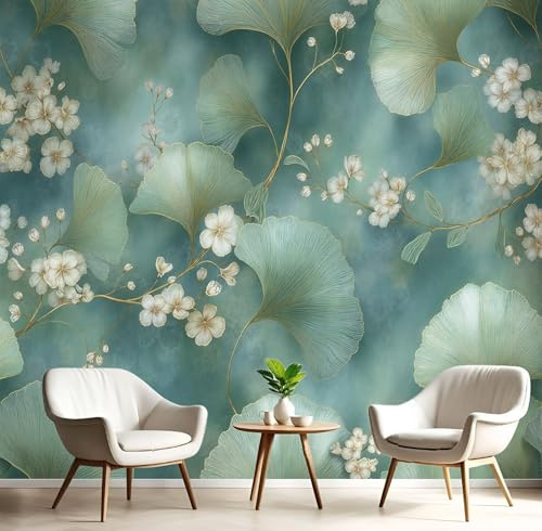 Carta da Parati Panoramica Stile Retrò 200x140cm Fotografica in Seta Foglie Fiori Ginkgo Ad Acquerello Adesivo da Parete per Soggiorno Camera Ristorante Camera dei Bambini Decorazione da Parete, Verde