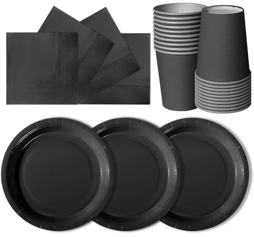 hailstones 72 Stück Schwarz Party Pappteller Set,Papiergeschirr Set,Geburtstag Party Geschirr Becher Serviette Pappteller für Babypartys, Geburtstag, Weihnachten Geburtstagsparty Deko-24 Gäste
