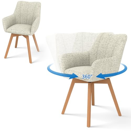 WAFTING Esszimmerstühle 2er Set Drehbar 360° mit Holzbeinen, Khaki | Tweed-Stoff, Armlehnstuhl, Moderner Polsterstuhl, Drehstuhl, Esszimmerstuhl Drehbar, Wohnzimmer, Arbeitszimmer, Schlafzimmer