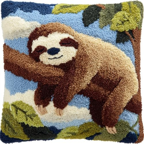 Henypt Latch Hook Kits Sloth on a Branch DIY Latch Hook Pillow Case Kit Cushion Cover Embroidery Craft Kit Pattern Printed Canvas Crochet 17X17inch