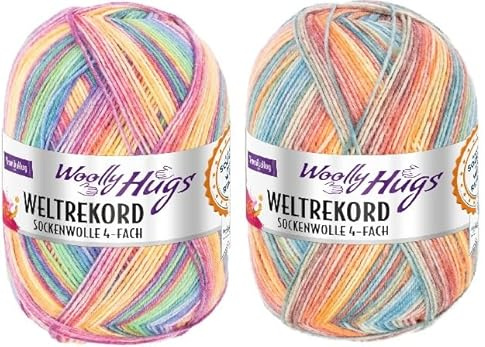 Woolly Hugs Weltrekord Sockenwolle, 100g, 75% Schurwolle & 25% Polyamid, 420m Lauflänge, Strapazierfähiges Sockengarn, 2er Sparpaket (01+02)