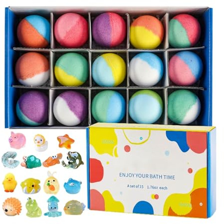 Badekugeln Set 15 Stück mit Überraschungsfigur, duftende Badebomben für Badewanne, Regenbogen Duschbälle für Frauen & Mädchen (15)