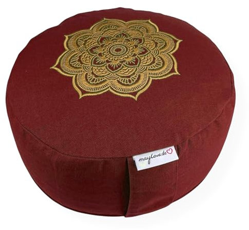 Meditationskissen Yogakissen Celine Madeleine Stickerei Bezug waschbar, Innenkissen mit Buchweizenspelzen 33 x 15 cm Anfänger und Geübte in grau, Olive, Natur oder buddhistisch rot (buddhistisch rot)