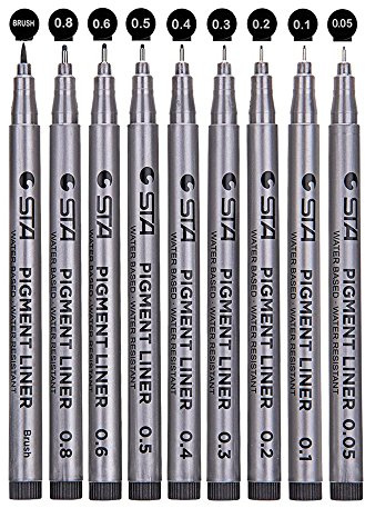 Fineliner pennor, pigmentpennor set med 9 svarta pennor med fin spets av olika spetsar med en borste för att rita konstnär illustration kontorsdokument scrapbooking och teknisk ritning