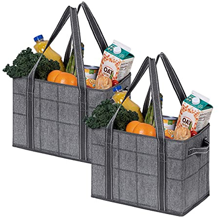 VENO 2 Pack 8 Gallon Reusable Grocery Bags, Extra Large Shopping Bags for groceries, Utility Tote with Handles and Hard Bottom, Foldable Cart Organizer, Water Resistant, Heavy-Duty (Windowpane)