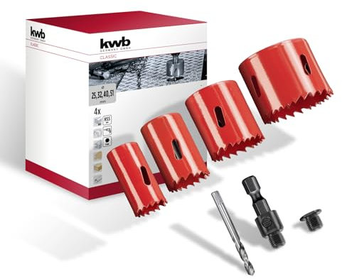 kwb 5-tlg. HSS Bi-Metall-Lochsägen Satz Ø 25, 32, 40 und 51 mm mit progressiver Vario-Zahnung, hoher Präzision, 1/4 Sechskantschaft, 38 mm Schnitttiefe und Zentrierbohrer