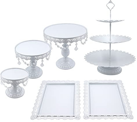 Snowtaros Juego de 6 Soportes para Tartas, Soporte para Cupcakes con Colgantes de Cristal, Plato de Frutos, Estilo Vintage, para Decoración de Fiestas, Bodas, Cumpleaños (Blanco)