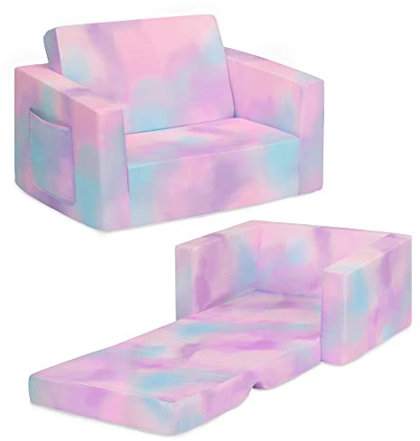 Delta Children Cozee Kids Couch 2-Seater Kids Sofa, Convertible 2-in-1 Flip Open Toddler Couch Sleeper, Foam Chair for Playroom & Bedroom, Bed Lounger, Comfy Play Sleeping Lounge Chair, Tie Dye