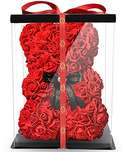 NADIR 25cm Blumenbär mit Schleife/inklusive vorverpackter Geschenkbox Größen/Valentinstag Muttertag Geburtstag Jahrestag Infinity Rosebear Bär aus Rosen Flower Blütenbär