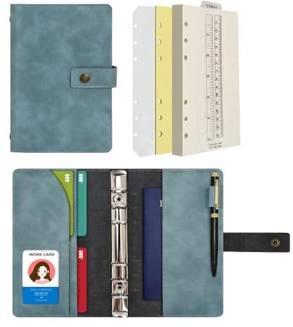 Wonderpool A6 Leder Notizbuch Nachfüllbares 6 Ringbuch Tagebuch Portfolio – Gepunktetes Papier & Innentaschen Organizer für Mann und Frau (Himmelblau, A6)