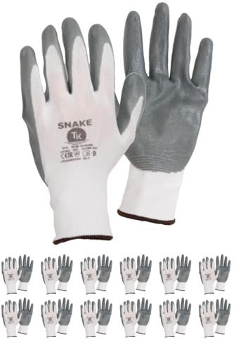 TK Gloves SNAKE/Guanto protettivo in poliestere rivestito in nitrile/Taglia 11, 12 paia/Grigio Bianco/Guanti di montaggio/Guanti da lavoro/Guanto protettivo in nitrile/sottile flessibile