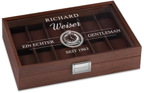 Maverton Uhrenbox mit Gravur für 12 Uhren - Uhrenkasten aus Holz - 31x21x7,5cm - Magnetverschluss - für Herren - zum Geburtstag - zu Weihnachten - Farbe: Weinrot - Eleganz