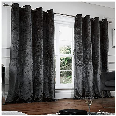 GC GAVENO CAVAILIA Crushed Velvet Eyelet Curtains Ring Top Drapery Tie Backs, Easy Care Glamorous Panels, Charcoal, 66X72 Inch