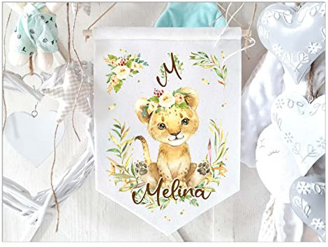 Namensschild Türschild fürs Kinderzimmer - Personalisiert Löwe Mädchen Babygeschenk Filz Wimpel Name Deko