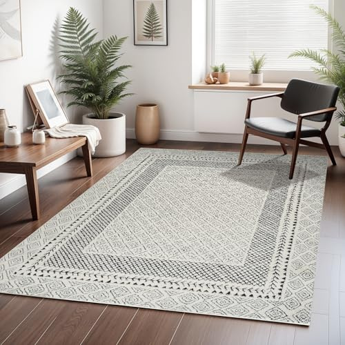 Livabliss Monaco Wohnzimmer Boho, großer Schlafzimmer 200x275 cm,Esszimmer mit geometrischem Muster, Skandinavischer Wohnzimmer modern in Grau, Schwarz, Creme