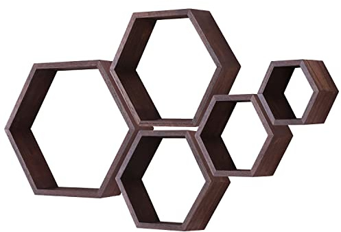 MITREL Hexagon Wandregal, Wohnzimmer Deko Wand, Holz Hängeregal für Schlafzimmer, 5er-Set(Dunkle Walnuss)