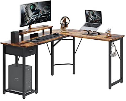 TREETALK Computer desk, L-shaped Desk with Large Monitor Stand,Switchable PC Laptop Table Corner Desk with Fabric Drawer and Metal Frame Shelf for Office Home (Rustic Brown)
