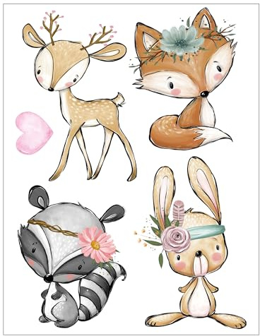 Set di immagini termoadesive per tessuti, DIN A4, per bambini, ragazze, ragazzi, Dino, unicorno, grandi e piccoli, da applicare con ferro da stiro (6 animali della foresta)