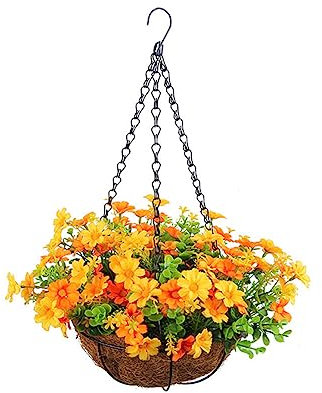BYNYXI Künstliche Hängende Geranien, Künstliche Blumen Hängend mit Topf Gänseblümchen Sonnenblumen Seidenblumen Kunstblume Kunstpflanze Geranie Hängekorb mit Blumentopf Balkonblume Zimmerpflanze