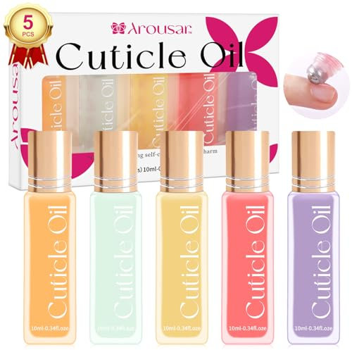 Arousar Cuticle Oil, 5pcs Nagelöl 10ml Nagelhautöl Set, Rollerball-Applikator für Nägel, natürliches Nagelhautpflegeset, ätherische Öle für Nägel, glättend, nährend feuchtigkeitsspendend, süße Mandel
