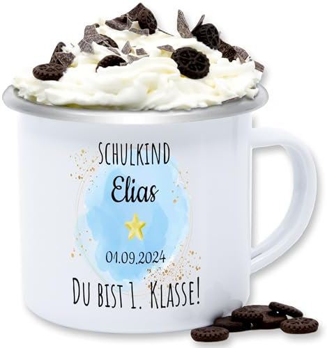 Emaille Tasse Blechtasse - Einschulung Schulanfang - Schulkind - Du bist erste Klasse - 300 ml - Weiß Silber - schulanfänger einschulung-schulkind jungen ich bin eingeschult becher trinkbecher