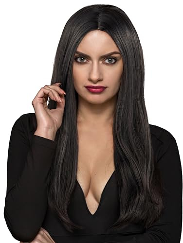 Balinco Perücke Schwarz lang, Langhaar Frisur Damen, Brünette Damenperücke, Karneval Kostüm, Cosplay, Anime,Fasching, Doll, Gothic Halloween, Glatte Schwarze Langhaar Perücke für Karneval I Halloween