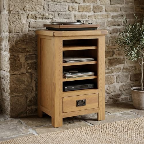 The Furniture Market Rustic Oak Hi-Fi Media Stand – Solid Wood Entertainment Unit with Adjustable Shelves & Storage Drawer – Fully Assembled TV & Audio Rack - H 785 x W 530 x D 410mm