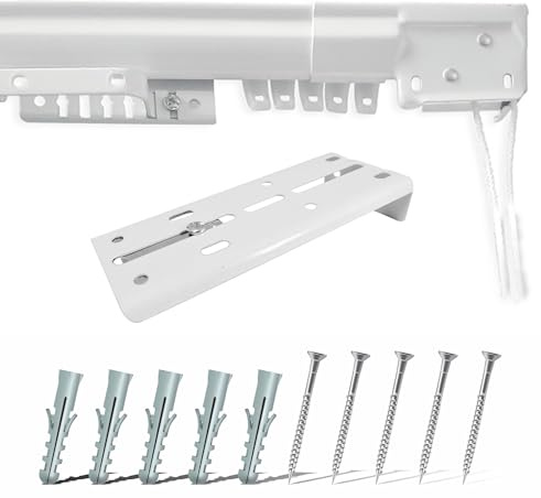 Carril Extensible para Cortinas de Acero Galvanizado Lacado en Blanco, Apertura Personalizable con Cordón, Carril para Cortinas de Techo o Pared con Soportes, Carril Deslizante (DE 265 A 500 CM)