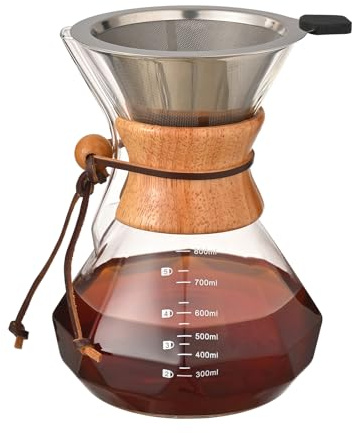 NEWOUGER Pour Over Coffee Maker with Double-layer Stainless Steel Filter,27 OZ Borosilicate Pour Over Coffee Dripper Glass Coffee Carafe For Home,Camping, Hiking