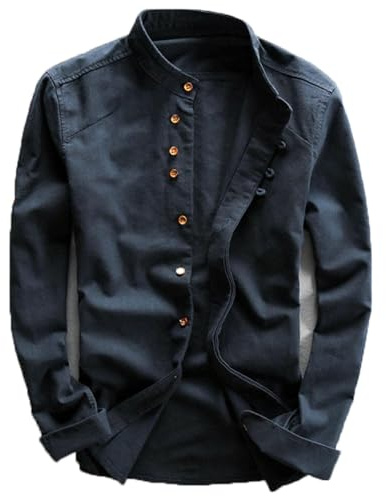 Soulona skjorta, japansk stil skjorta, långärmad ledig skjorta skjorta skjorta ståkrage, fashionabla skjortor, marinblå, L