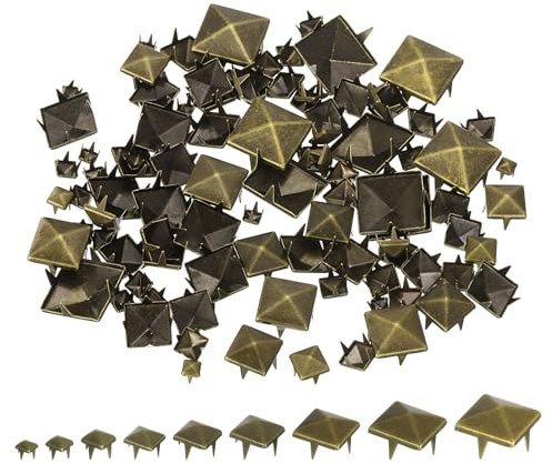 sourcing map 90 Stück quadratische Pyramidennieten, 4 mm, 5 mm, 6 mm, 7 mm, 8 mm, 9 mm, 10 mm, 12 mm, 15 mm, Vierbacken-Nieten, Kupfer, Punk-Rock, Nagelkopf-Punk-Punk-Rock-Punk-Punk-Spots, für