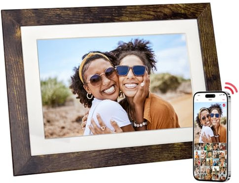 THOMSON Cornice digitale WiFi da 8 pollice, 32 GB di memoria interna, schermo touch cornice digitale foto IPS HD 1280x800, condivisione di musica, foto e video (cornice in legno color bronzo vintage)