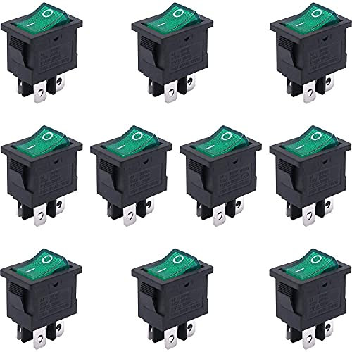 Interrupteur à bascule 10 pièces AC 250V/6A,125V/10A,ON/Off DPST 4 broches 2 positions Mini interrupteurs à bascule for bateau(Green)