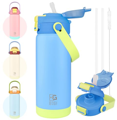 BOGI Kids Metal Water Bottle with Straw, 550ml Stainless Steel Water Bottle Kid for School Leak Proof Insulated Water Bottle with 2-in-1 Duo Lid for Boys Girls Keep Drinks 12h Hot & 24h Cold | Blue