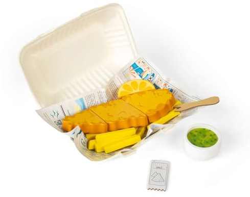 Bigjigs Toys Fisch & Chips - 26-TLG. Holz-Schneidelebensmittel-Set für Rollenspiele