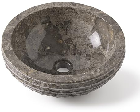 MG Valencia HORTA GREY Vasque à Poser. Lavabo Salle de Bain en Pierre Naturelle, Vasque a Poser Gris Ronde, Lavabo WC 100% Marbre, Sans Trou pour Robinet, Design Minimaliste, LxLxH:40x40x15cm (Gris)
