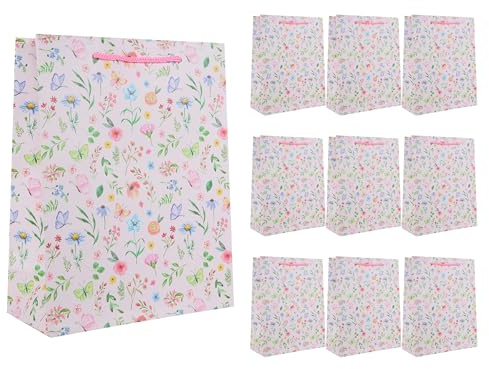 Idena 90237 - Geschenktüten Blumen, 10 Stück, Geschenktaschen in der Größe 18 x 23 x 8 cm, rosa Papiertüten mit bunten Blumen