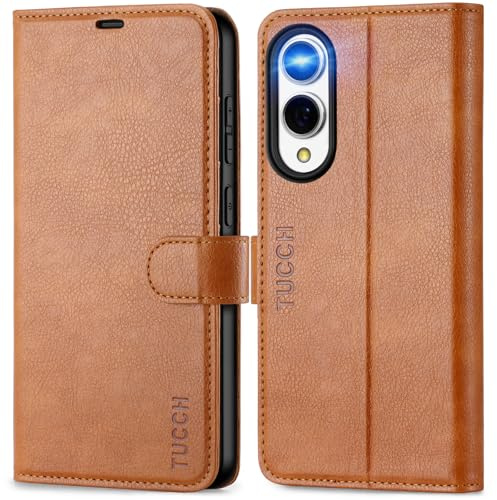 TUCCH Funda para Galaxy S25 Edge 5G, Marrón Claro Texturizado | Bloqueo RFID, Ranura para Tarjeta, Cierre Magnético, Cuero PU con TPU Antigolpes, Compatible 6,7 2025