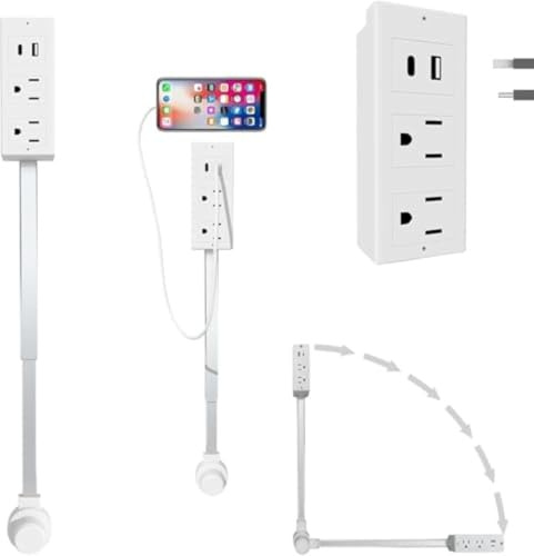 Extensor de enchufe giratorio de 180° con cable de extensión ajustable de 56-76 cm | 2 enchufes de CA + carga rápida USB-A/USB-C | Resistente al fuego y protección contra sobrecarga | para espacios