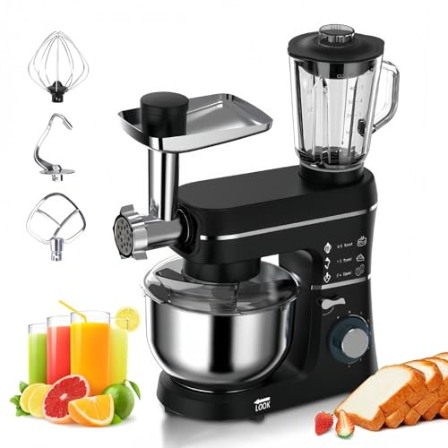Fablestoryem Robot Pâtissier Multifonctions 1400W Blender Robot Professionnel Hachoir à Viande électrique, Bol en Acier Inoxydable 10 l, Accessoires Inclus, Idéal pour Pâtisserie et Cuisine,Black
