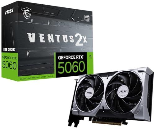MSI Tarjeta gráfica Gaming RTX 5060 8G Ventus 2X OC (8 GB GDDR7, TBA-bit, Rendimiento Extremo: 2535 MHz, DisplayPort x3 2.1a, HDMI 2.1b, NVIDIA Blackwell Architecture)