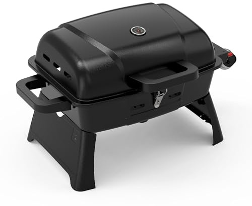 BrandMan Barbecue de table portable à gaz propane à 1 brûleur – Barbecue compact avec zone de cuisson de 239,9 m², verrouillage du couvercle, thermomètre et pieds pliables pour camping, hayon et