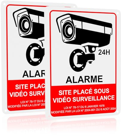 REIGY 2 Pièces Panneau Camera Surveillance Exterieur Aluminium 18×25 cm, Pancarte Site Sous Video Surveillance Alarme pour Propriété Privée, Résistant aux UV, Imperméable, Avec Trous Percés