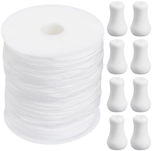 SOFPLATE Cordón para Persianas Romanas de 100 m/109 Yardas Y 2mm con 15 perillas de Madera Blanca Nailon Resistente A la Intemperie Hilo Redondo Accesorios para Cortinas Romanas.