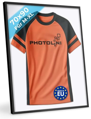PHOTOLINI Bilderrahmen Trikotrahmen Fußball 70x90, Schwarzer Bilderrahmen für Trikot, Rahmen Trikot 90x70 mit Acrylglas zum Aufhängen, Jersey Frame mit zweifarbiger Rückwand & starkem Magnetsystem